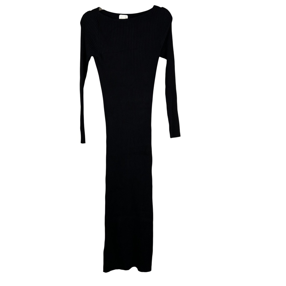 H&M Black Ribbed Long Sleeve Boat Neck Midi Bodycon Dress Medium NWT